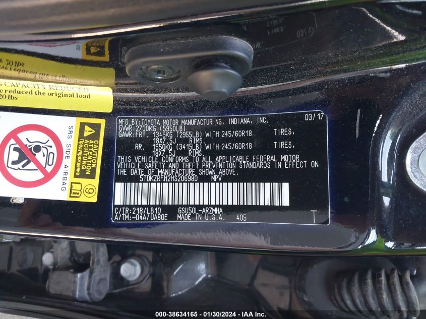 2017 TOYOTA HIGHLANDER SE/XLE - 5TDKZRFH2HS206980