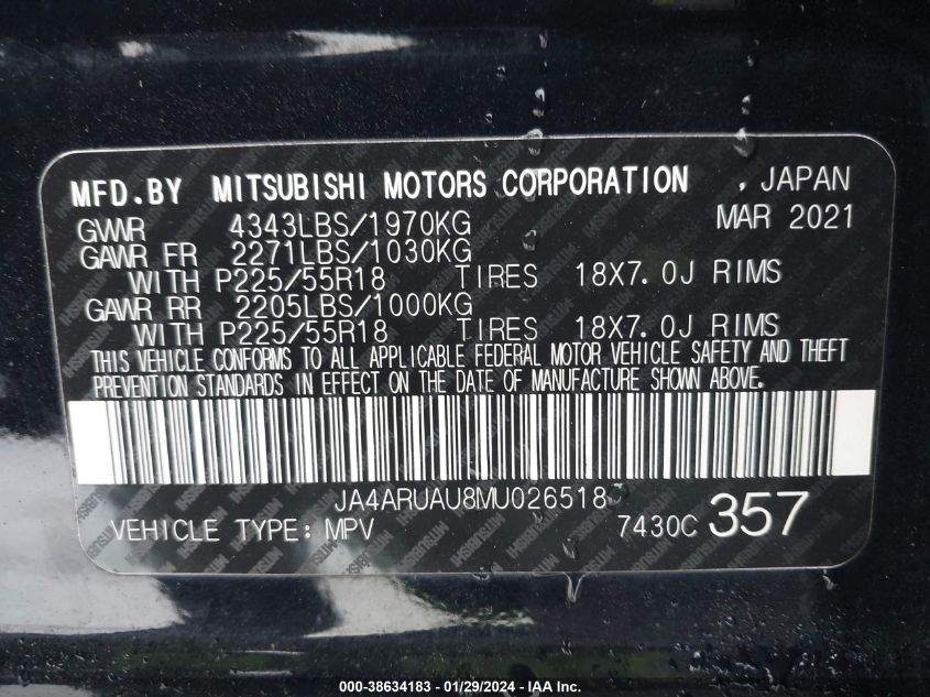 2021 MITSUBISHI OUTLANDER SPORT 2.0 BE AWC/2.0 ES AWC/2.0 LE AWC/2.0 SE AWC - JA4ARUAU8MU026518