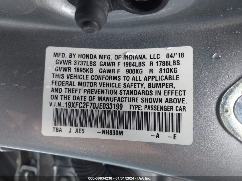 2018 HONDA CIVIC EX - 19XFC2F70JE033199