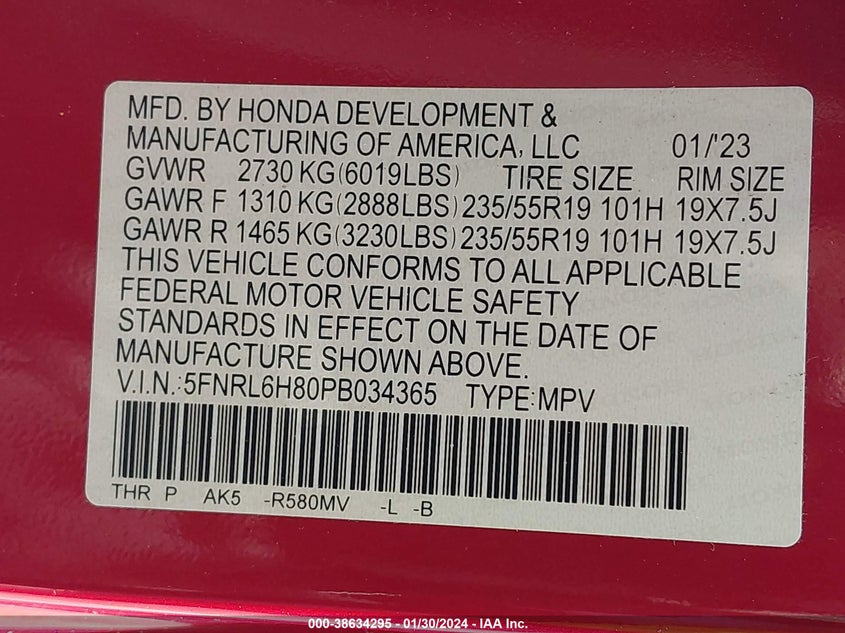 VIN 5FNRL6H80PB034365 2023 HONDA ODYSSEY TOURING