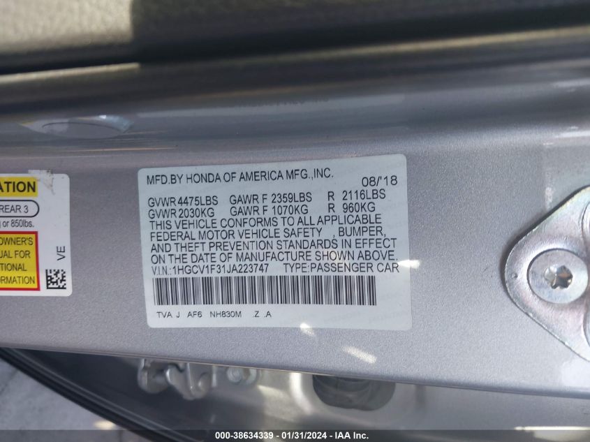 2018 HONDA ACCORD SPORT - 1HGCV1F31JA223747