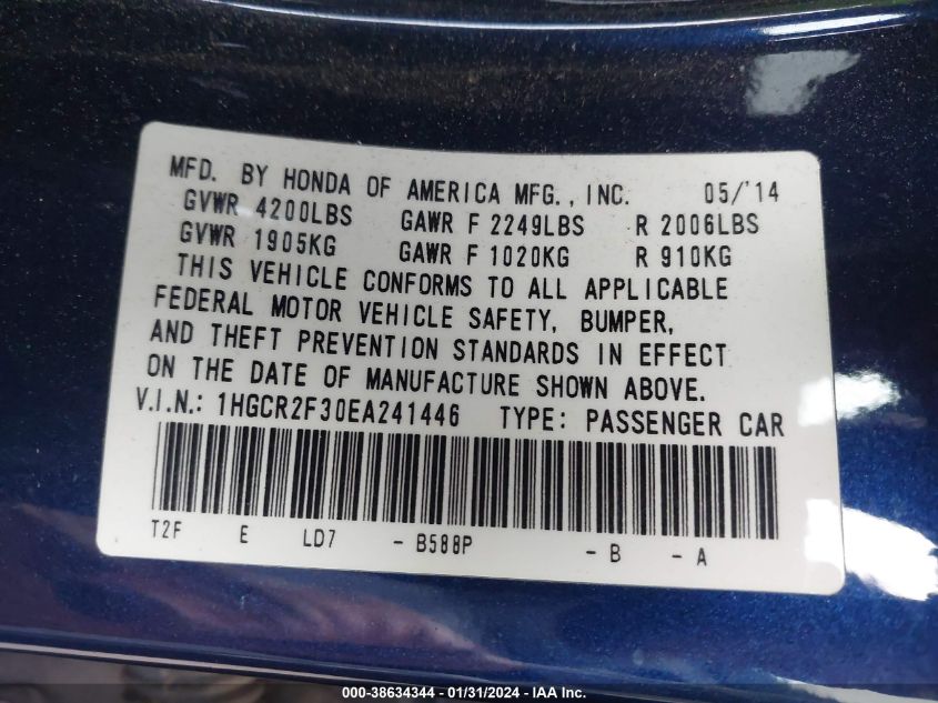 2014 HONDA ACCORD LX - 1HGCR2F30EA241446