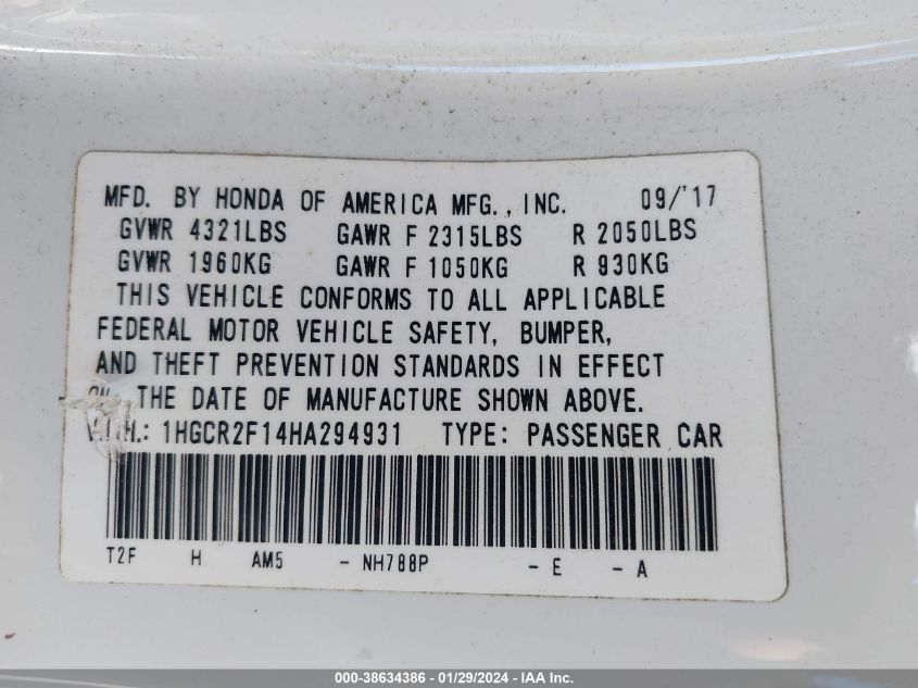 2017 HONDA ACCORD SPORT SE - 1HGCR2F14HA294931