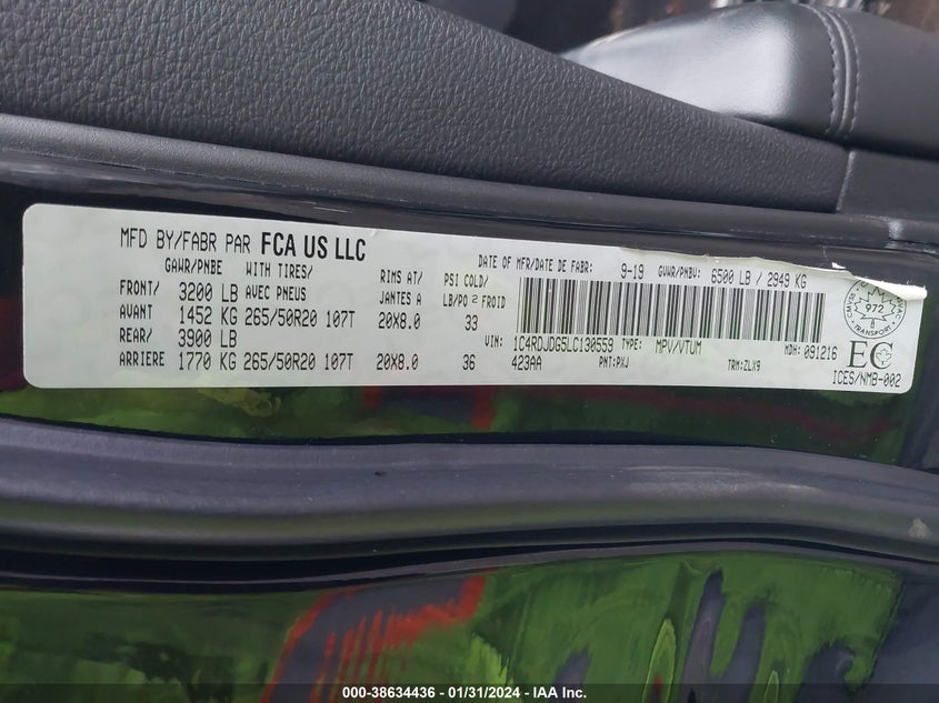 VIN 1C4RDJDG5LC130559 2020 DODGE DURANGO GT