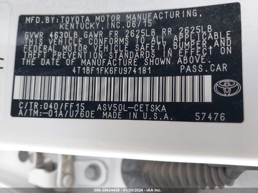 2015 TOYOTA CAMRY LE/XLE/SE/XSE - 4T1BF1FK6FU974181