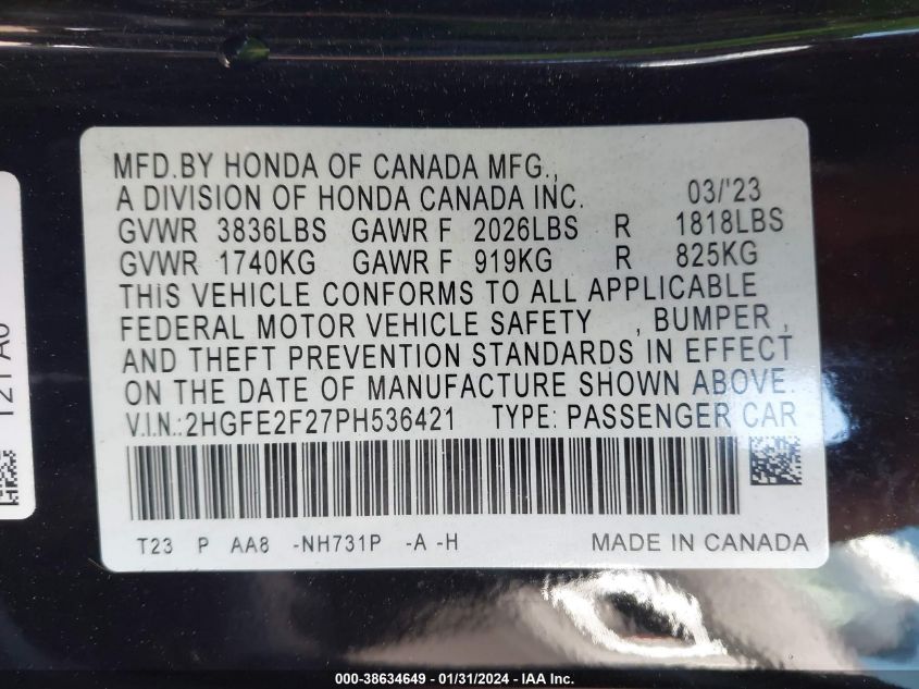 2023 HONDA CIVIC LX - 2HGFE2F27PH536421