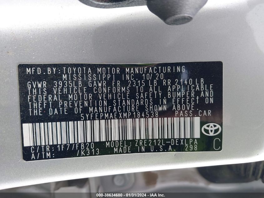 2021 TOYOTA COROLLA LE - 5YFEPMAEXMP184538