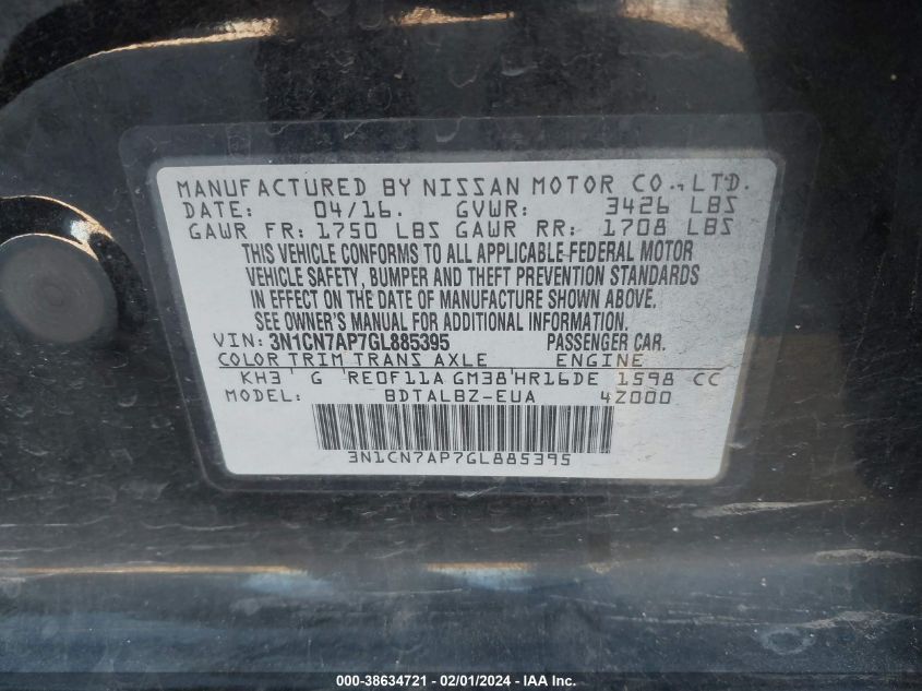 2016 NISSAN VERSA S/S PLUS/SV/SL - 3N1CN7AP7GL885395