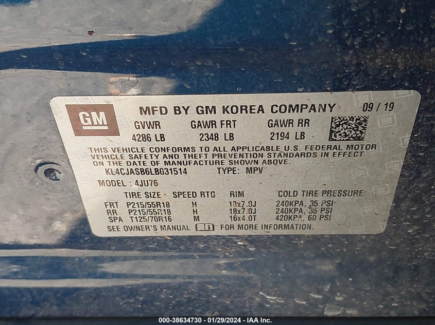 VIN KL4CJASB6LB031514 2020 BUICK ENCORE FWD PREFERRED