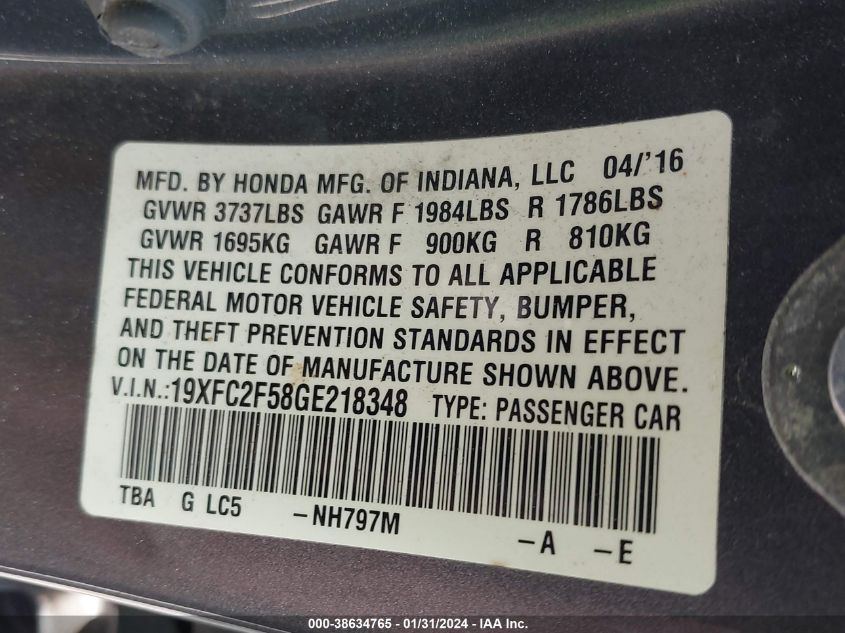 2016 HONDA CIVIC LX - 19XFC2F58GE218348