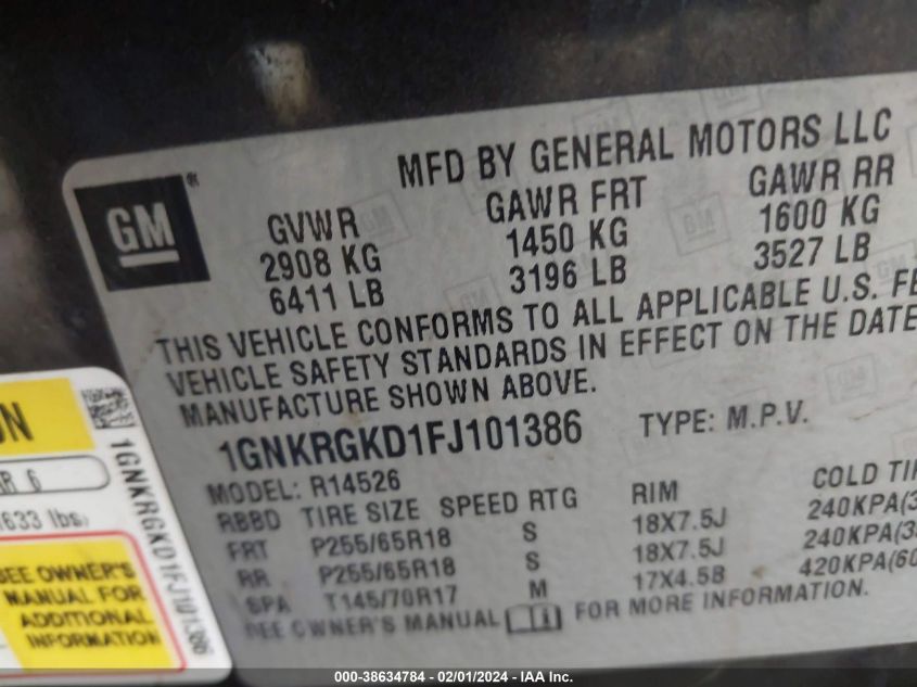 2015 CHEVROLET TRAVERSE 1LT - 1GNKRGKD1FJ101386