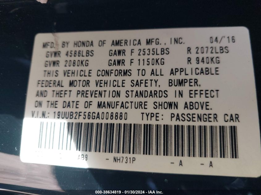 2016 ACURA TLX V6 TECH - 19UUB2F56GA008880