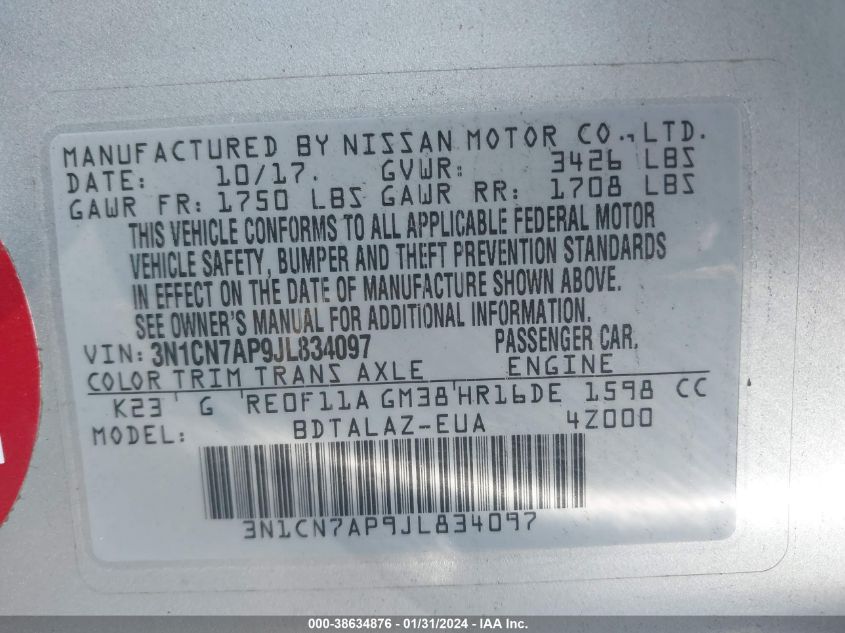2018 NISSAN VERSA S/S PLUS/SV/SL - 3N1CN7AP9JL834097