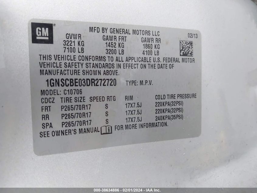 2013 CHEVROLET TAHOE C1500 LT - 1GNSCBE03DR272720