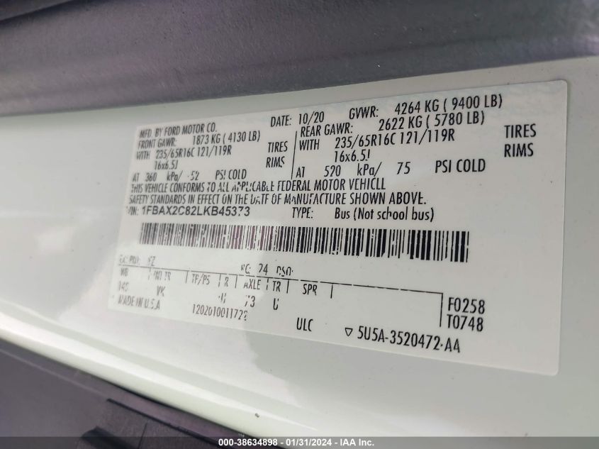 2020 FORD TRANSIT-350 PASSENGER VAN XL - 1FBAX2C82LKB45373