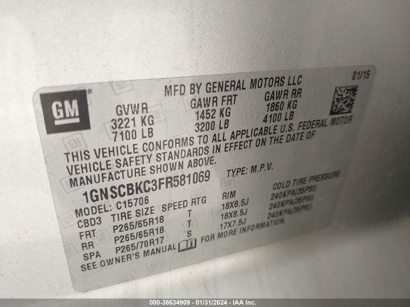 2015 CHEVROLET TAHOE C1500 LT - 1GNSCBKC3FR581069