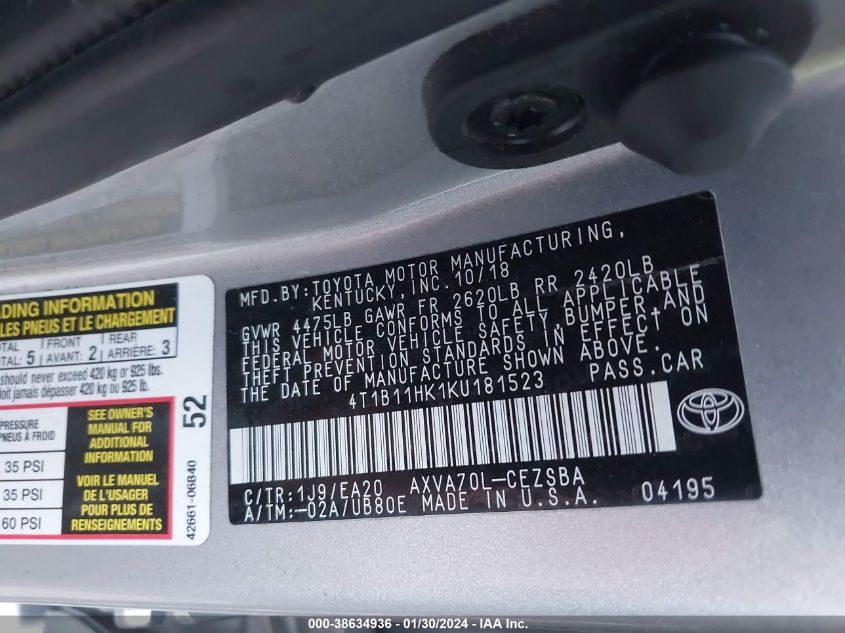 2019 TOYOTA CAMRY L/LE/XLE/SE/XSE - 4T1B11HK1KU181523
