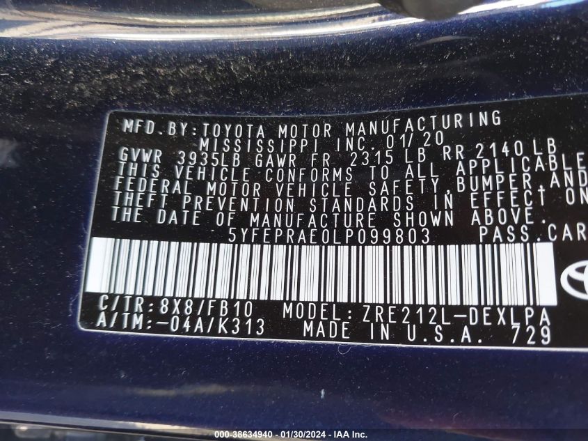 2020 TOYOTA COROLLA LE - 5YFEPRAE0LP099803