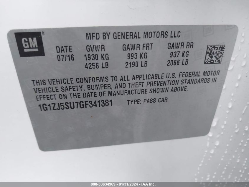 2016 CHEVROLET MALIBU HYBRID HYBRID 1G1ZJ5SU7GF341381
