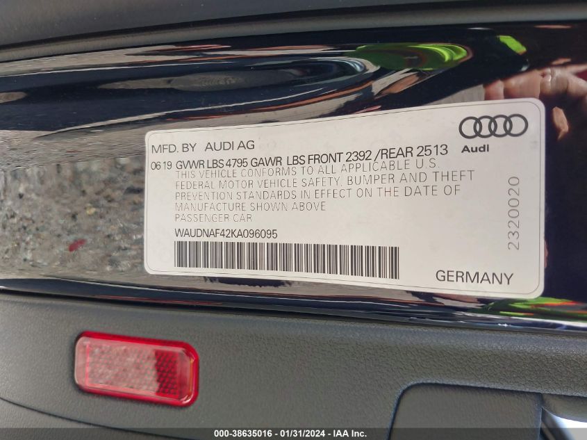 2019 AUDI A4 45 PREMIUM - WAUDNAF42KA096095
