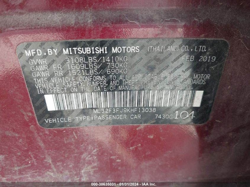 2019 MITSUBISHI MIRAGE G4 G4 ES - ML32F3FJ9KHF13038