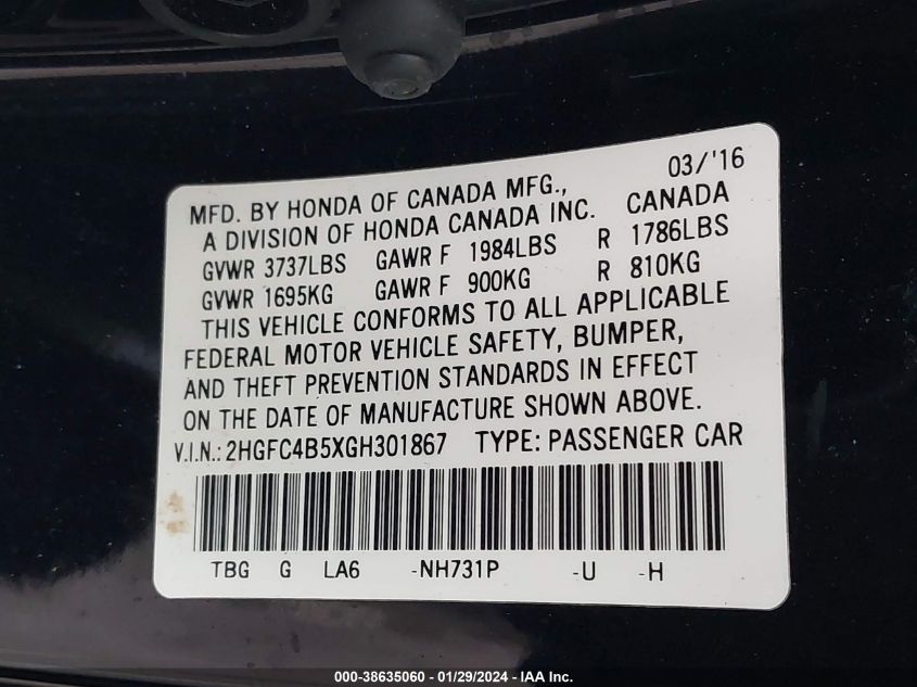 2016 HONDA CIVIC LX - 2HGFC4B5XGH301867