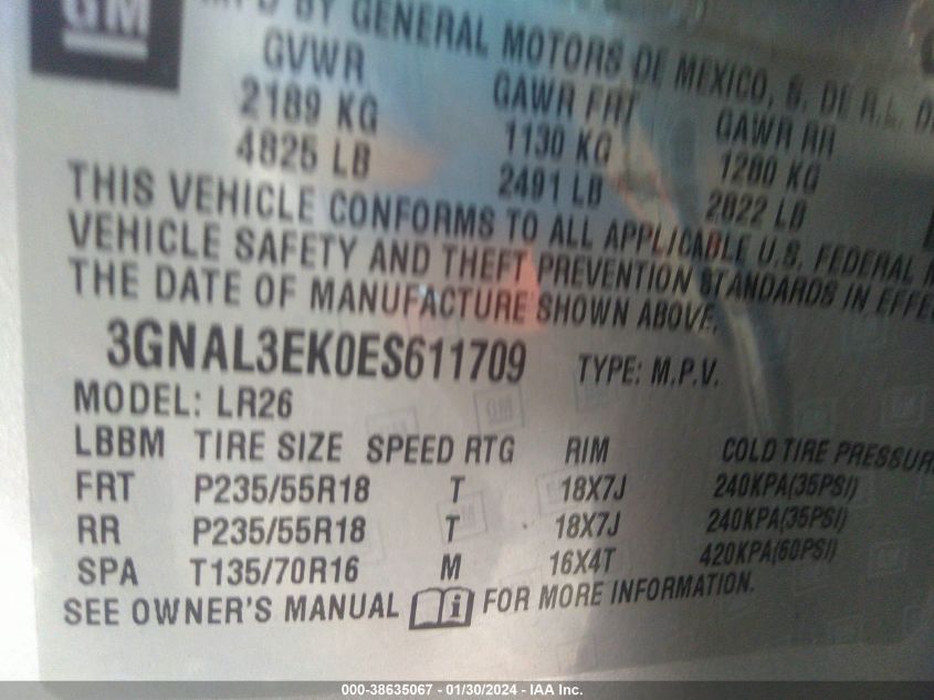 2014 CHEVROLET CAPTIVA SPORT LT 3GNAL3EK0ES611709