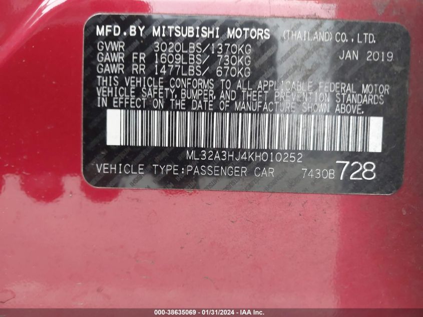 2019 MITSUBISHI MIRAGE RF - ML32A3HJ4KH010252