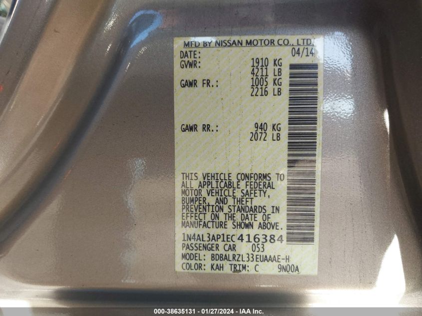 2014 NISSAN ALTIMA 2.5/S/SV/SL - 1N4AL3AP1EC416384