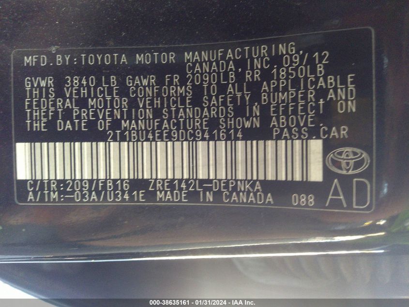 2013 TOYOTA COROLLA S/LE - 2T1BU4EE9DC941614