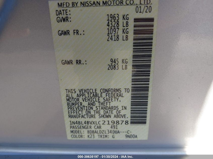 2020 NISSAN ALTIMA S FWD - 1N4BL4BVXLC219878