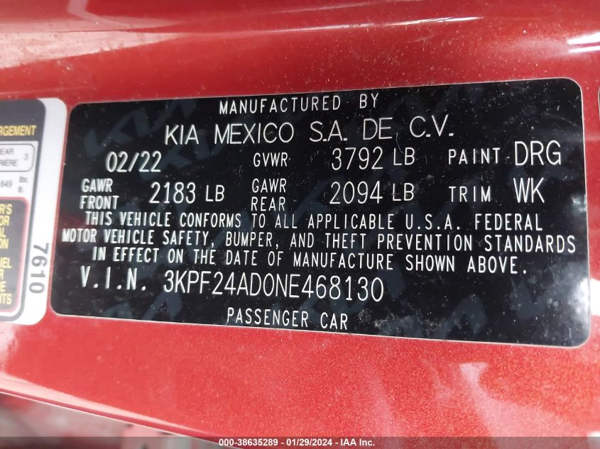 2022 KIA FORTE LXS - 3KPF24AD0NE468130