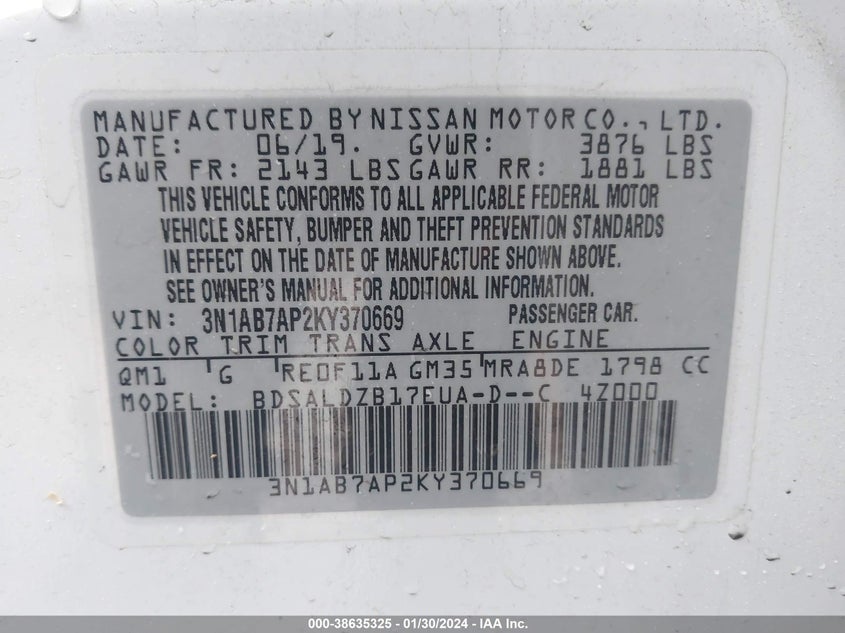VIN 3N1AB7AP2KY370669 2019 NISSAN SENTRA SV