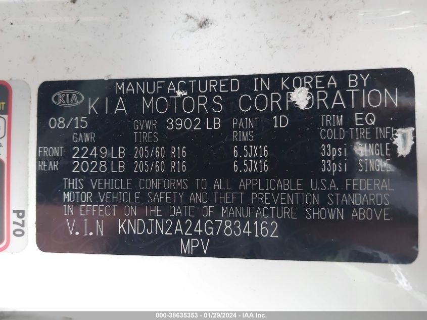 2016 KIA SOUL - KNDJN2A24G7834162