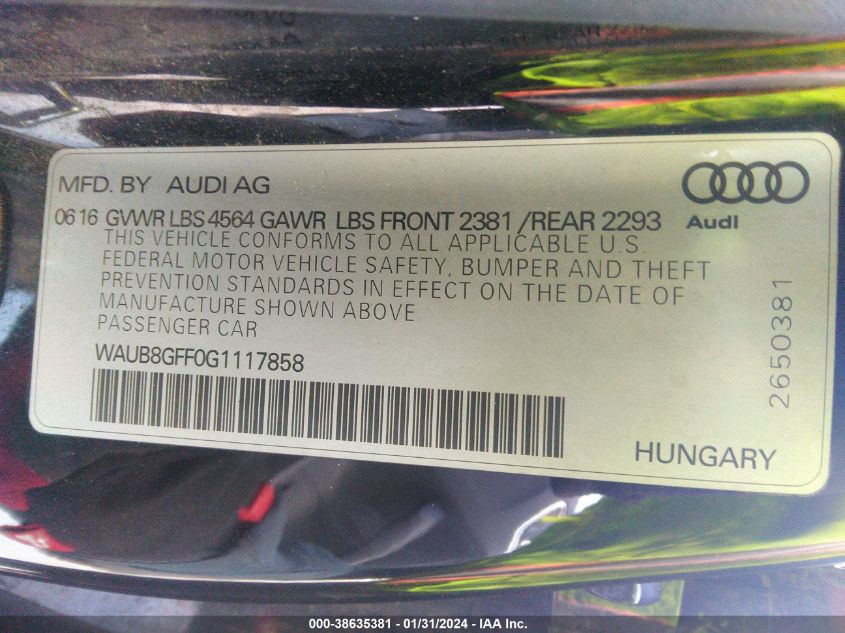 2016 AUDI A3 PREMIUM - WAUB8GFF0G1117858