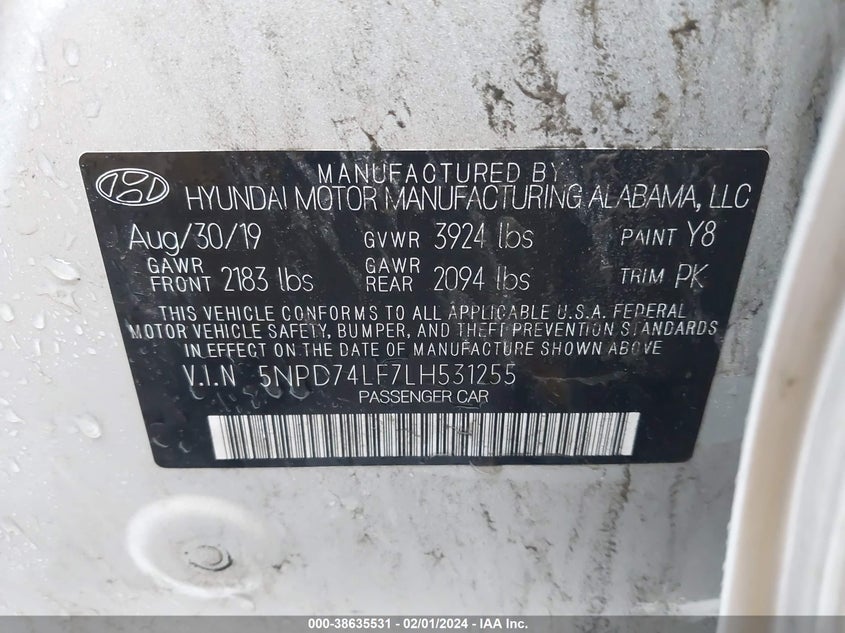 VIN 5NPD74LF7LH531255 2020 HYUNDAI ELANTRA SE
