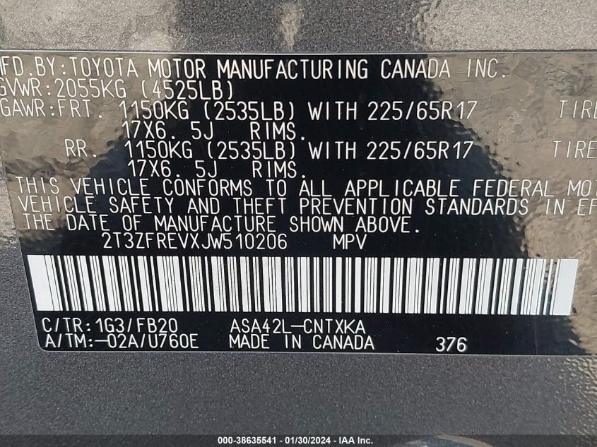 2018 TOYOTA RAV4 LE - 2T3ZFREVXJW510206