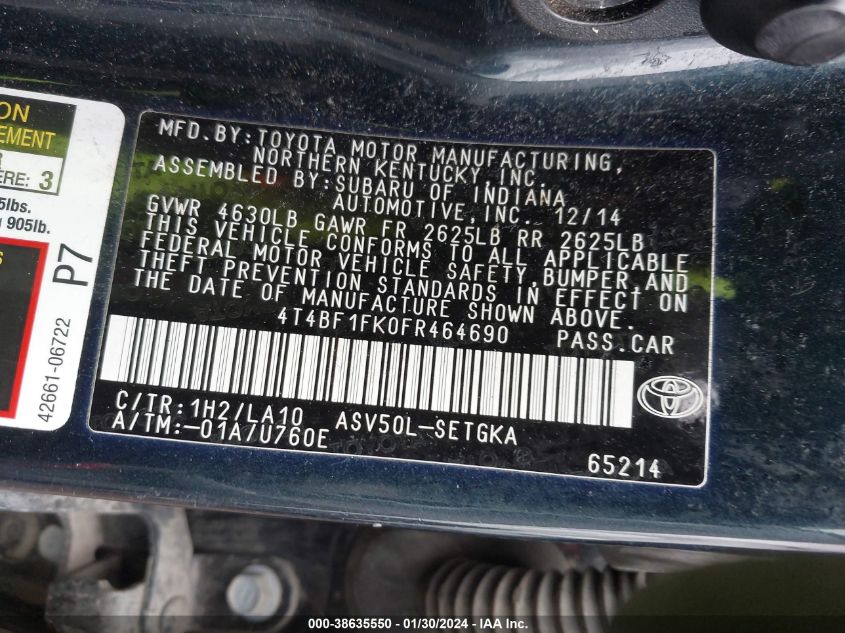 2015 TOYOTA CAMRY XLE - 4T4BF1FK0FR464690