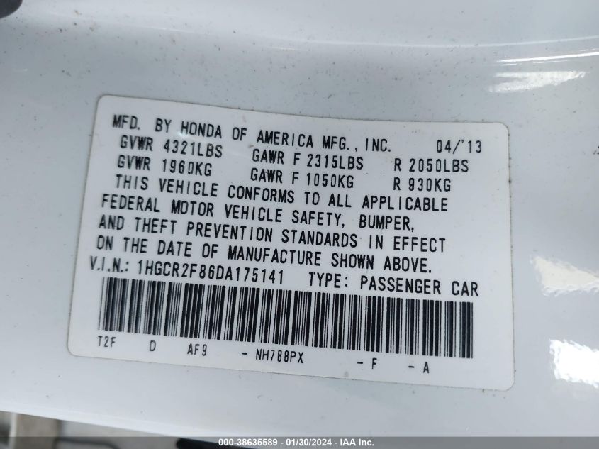 2013 HONDA ACCORD EXL - 1HGCR2F86DA175141