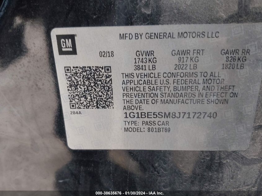 2018 CHEVROLET CRUZE LT AUTO - 1G1BE5SM8J7172740