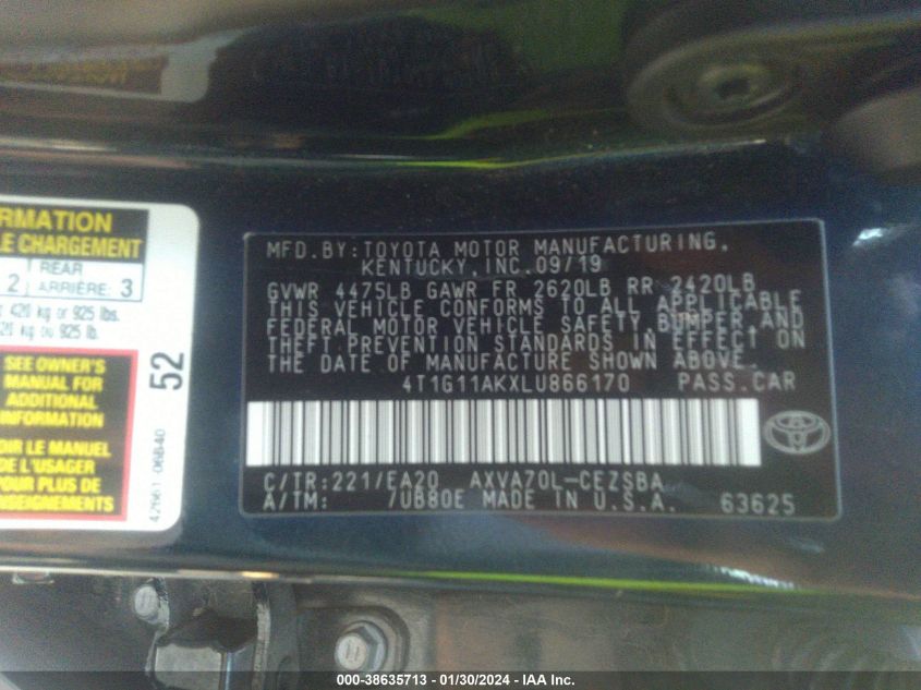 2020 TOYOTA CAMRY SE/SE NIGHT SHADE - 4T1G11AKXLU866170