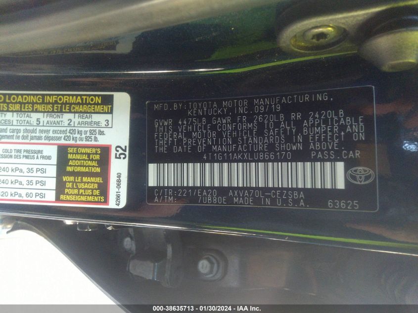 2020 TOYOTA CAMRY SE/SE NIGHT SHADE - 4T1G11AKXLU866170