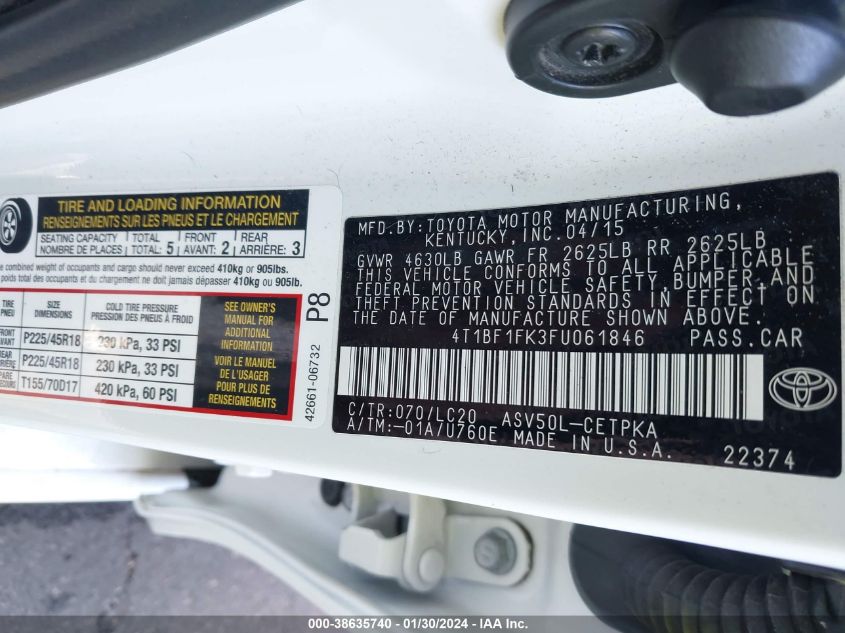 2015 TOYOTA CAMRY LE/XLE/SE/XSE - 4T1BF1FK3FU061846