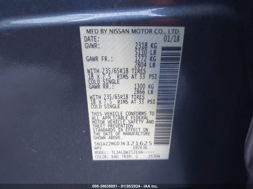 2018 NISSAN MURANO S/SL/SV/PLATINUM - 5N1AZ2MG0JN121625