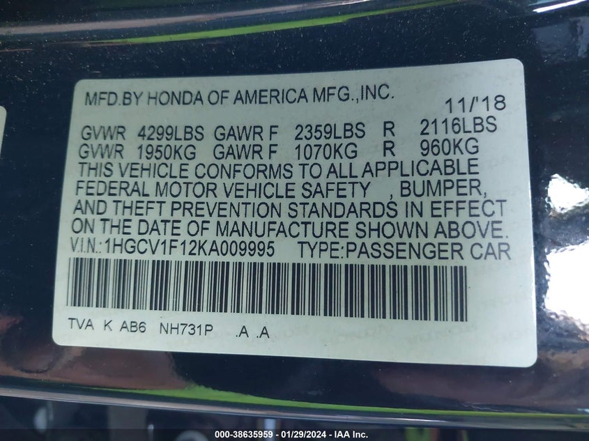 VIN 1HGCV1F12KA009995 2019 HONDA ACCORD LX