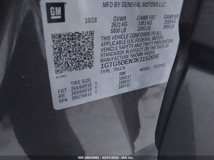 2019 GMC CANYON SLT - 1GTG5DEN3K1152699
