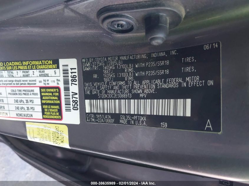 2014 TOYOTA SIENNA LIMITED 7 PASSENGER - 5TDDK3DC2ES088913