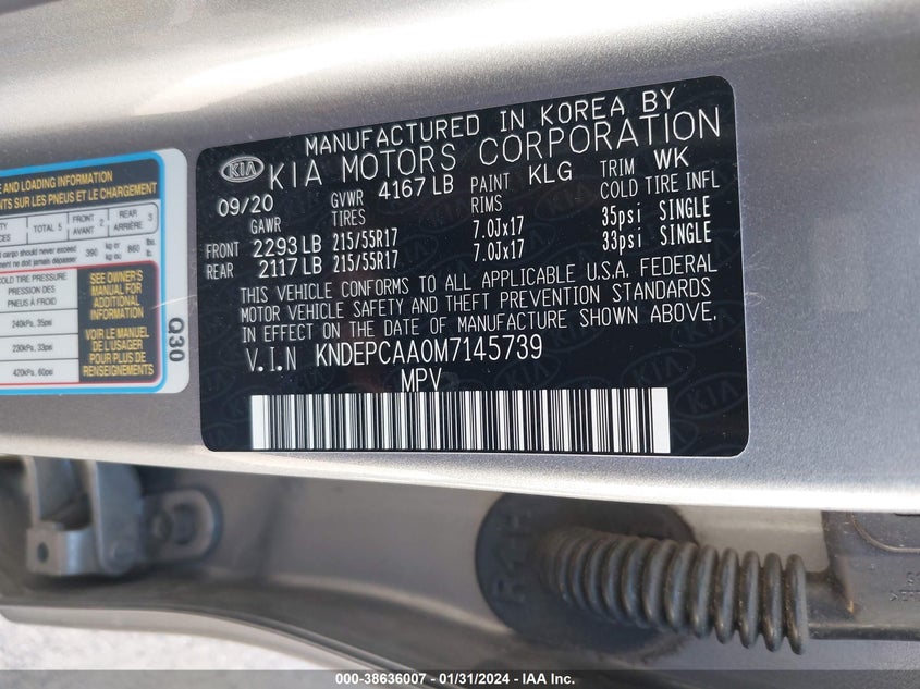 VIN KNDEPCAA0M7145739 2021 KIA SELTOS LX