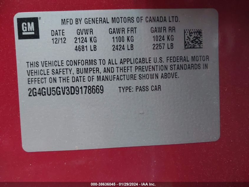 2013 BUICK REGAL TURBO - PREMIUM 3 - 2G4GU5GV3D9178669