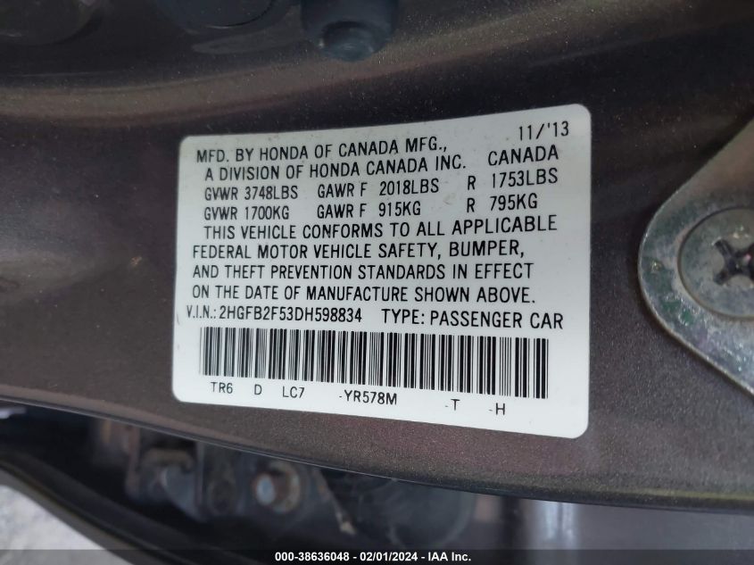 2013 HONDA CIVIC LX - 2HGFB2F53DH598834